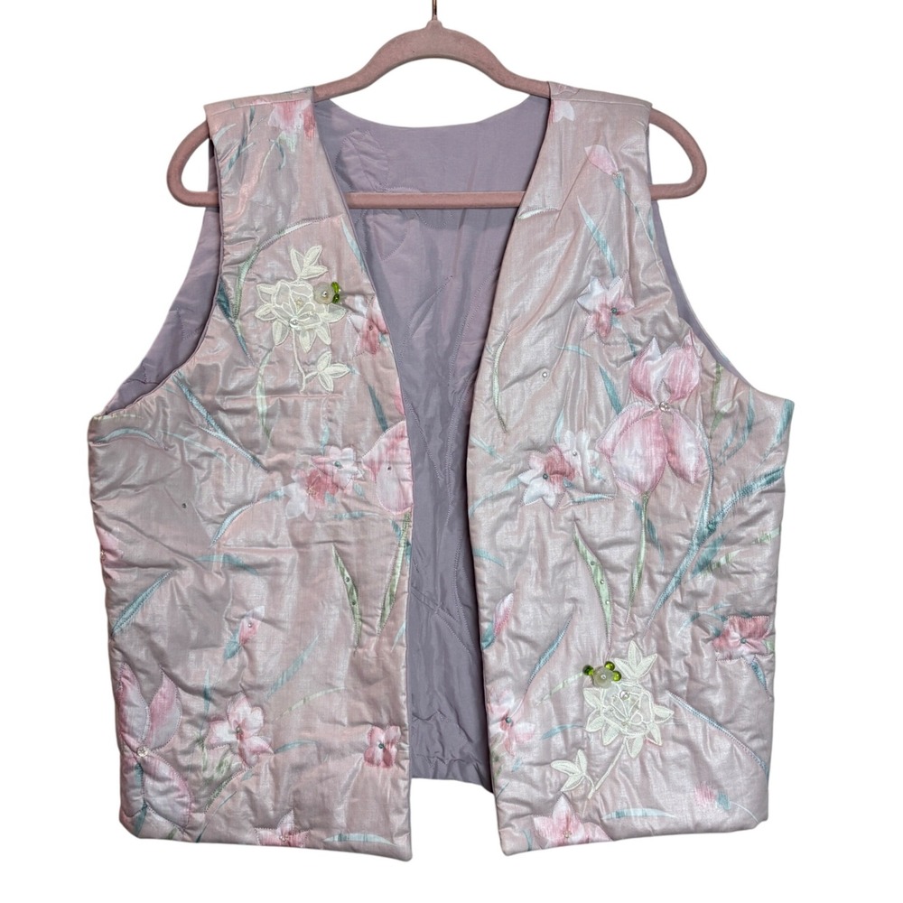 Reversible Romantic Floral Vest Beaded Pink Purple Cottagecore Fairy Granny‎ XL